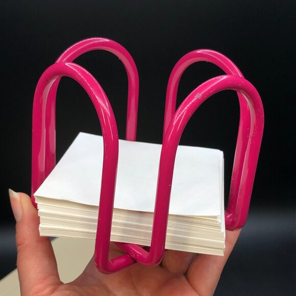 90s Fuchsia Pink Enamel Metal Wire Arch Square Notepad Holder, Vintage Office - Picture 5 of 9